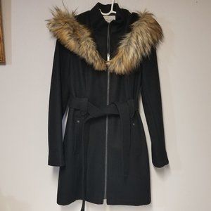 Rachel Roy Wool Blend Belted Trench Coat with Faux Fur Hood Black Size S